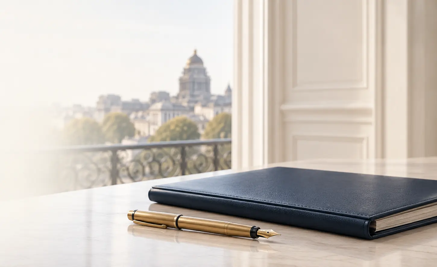 Dossier bleu nuit et stylo doré devant une vue estompée du Palais de justice de Bruxelles.